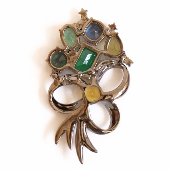 Large Avon Floral Statement Pin Brooch Emerald Sapphire Citrine Black Pave - Picture 3 of 4